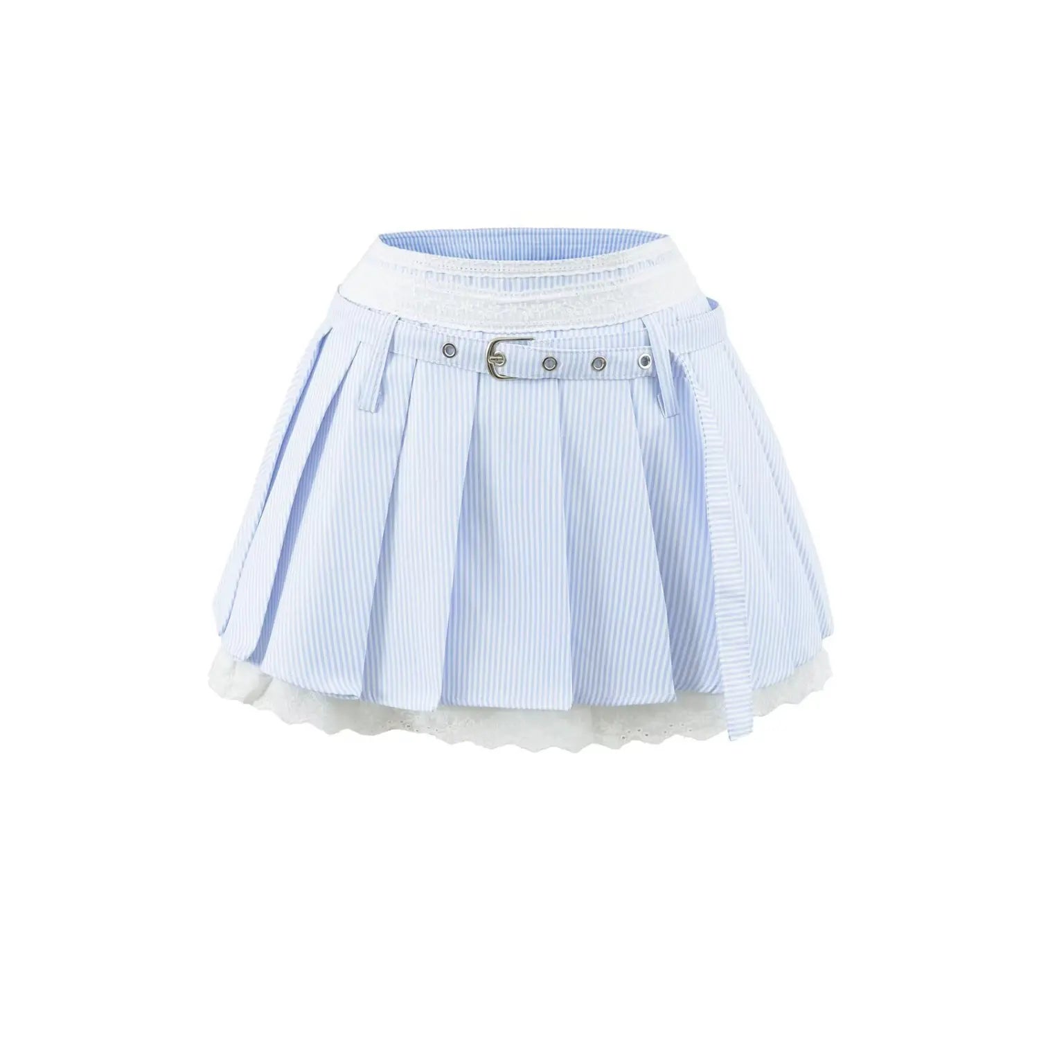 Blue & white thin stripe pleated mini skirt with adjustable metal buckle belt front plain white flat lay, double lace waistband scalloped lace hem, sweet college style anti-chafing skort main product shot