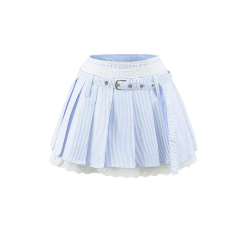 Blue & white thin stripe pleated mini skirt with adjustable metal buckle belt front plain white flat lay, double lace waistband scalloped lace hem, sweet college style anti-chafing skort main product shot