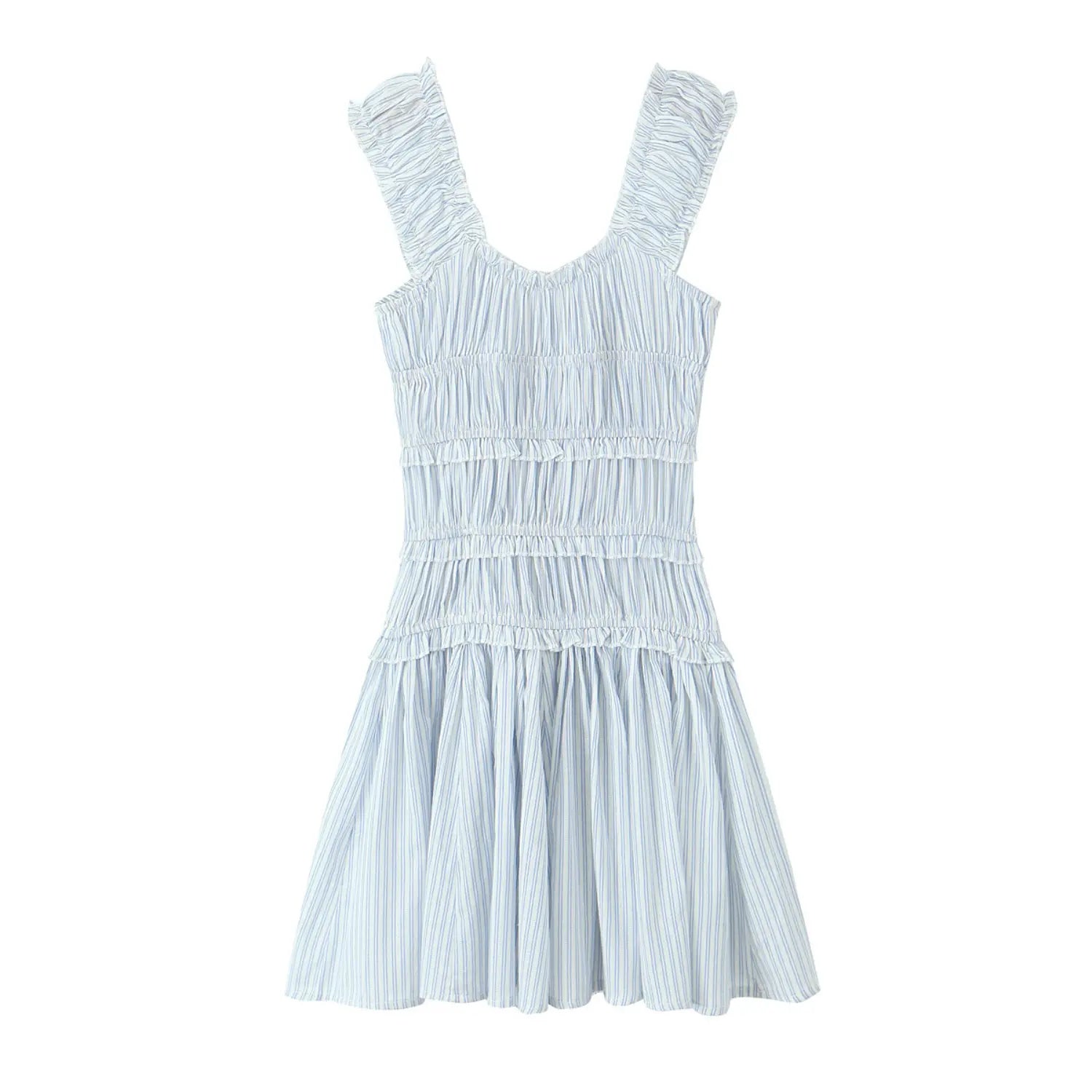 Back view blue white vertical stripe mini dress, smocked tiered design, ruffle shoulder straps, flowy flare skirt, isolated white background