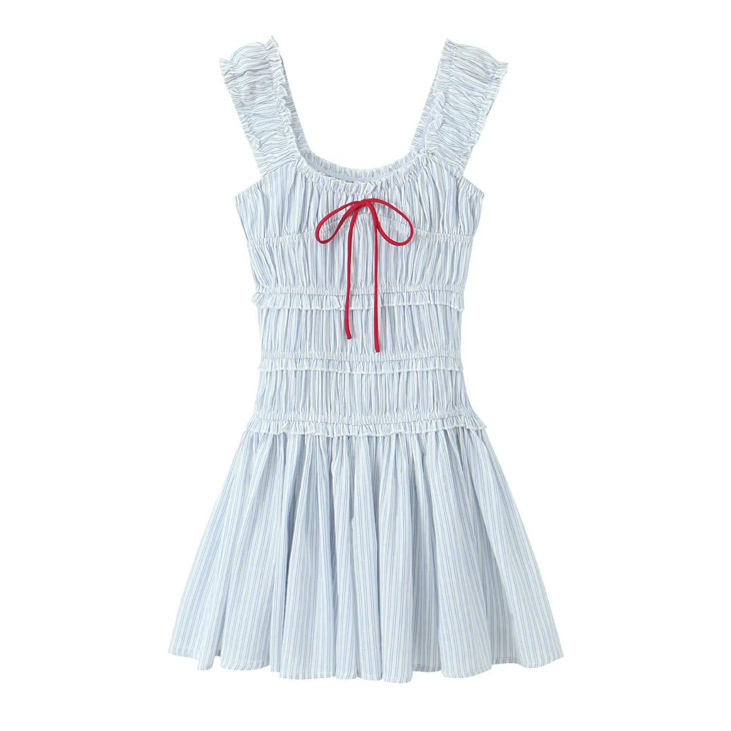 Front view blue white vertical stripe mini dress, smocked tiered bodice, ruffle shoulder straps, red front bow tie, flare skirt, white background