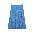 Complete back flat shot of blue white vertical stripe midi skirt, flared A-line silhouette, ruffle frill hem detail