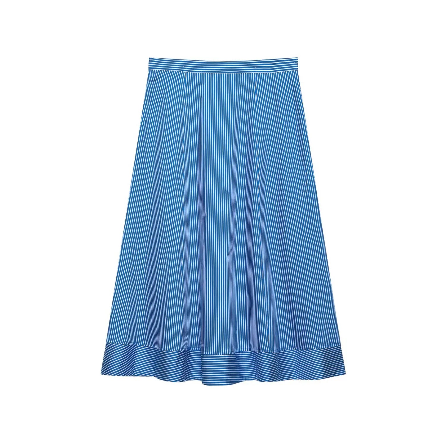 Complete back flat shot of blue white vertical stripe midi skirt, flared A-line silhouette, ruffle frill hem detail