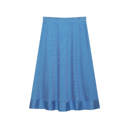 Complete back flat shot of blue white vertical stripe midi skirt, flared A-line silhouette, ruffle frill hem detail