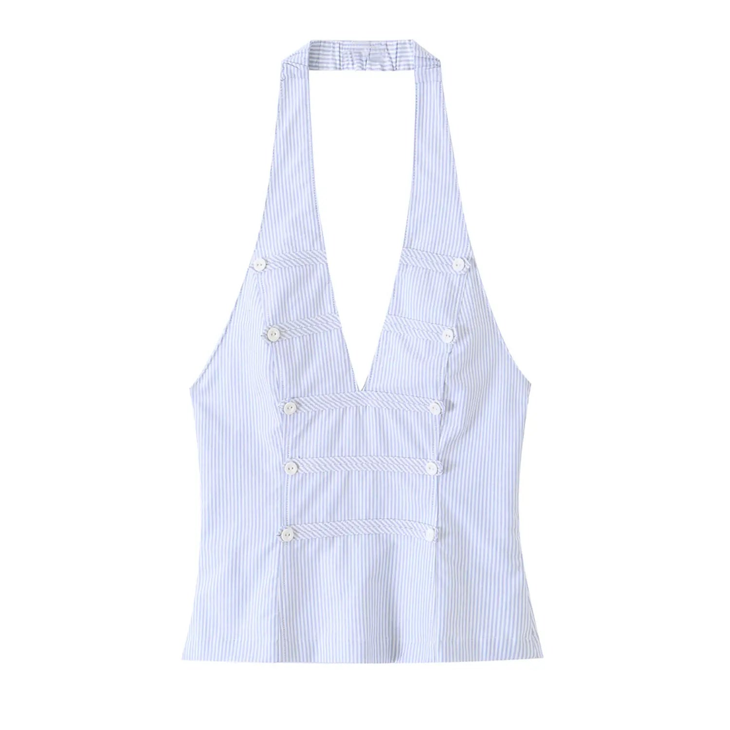 Blue white vertical striped halter crop top, deep v neck double row button slim fit sleeveless camisole
