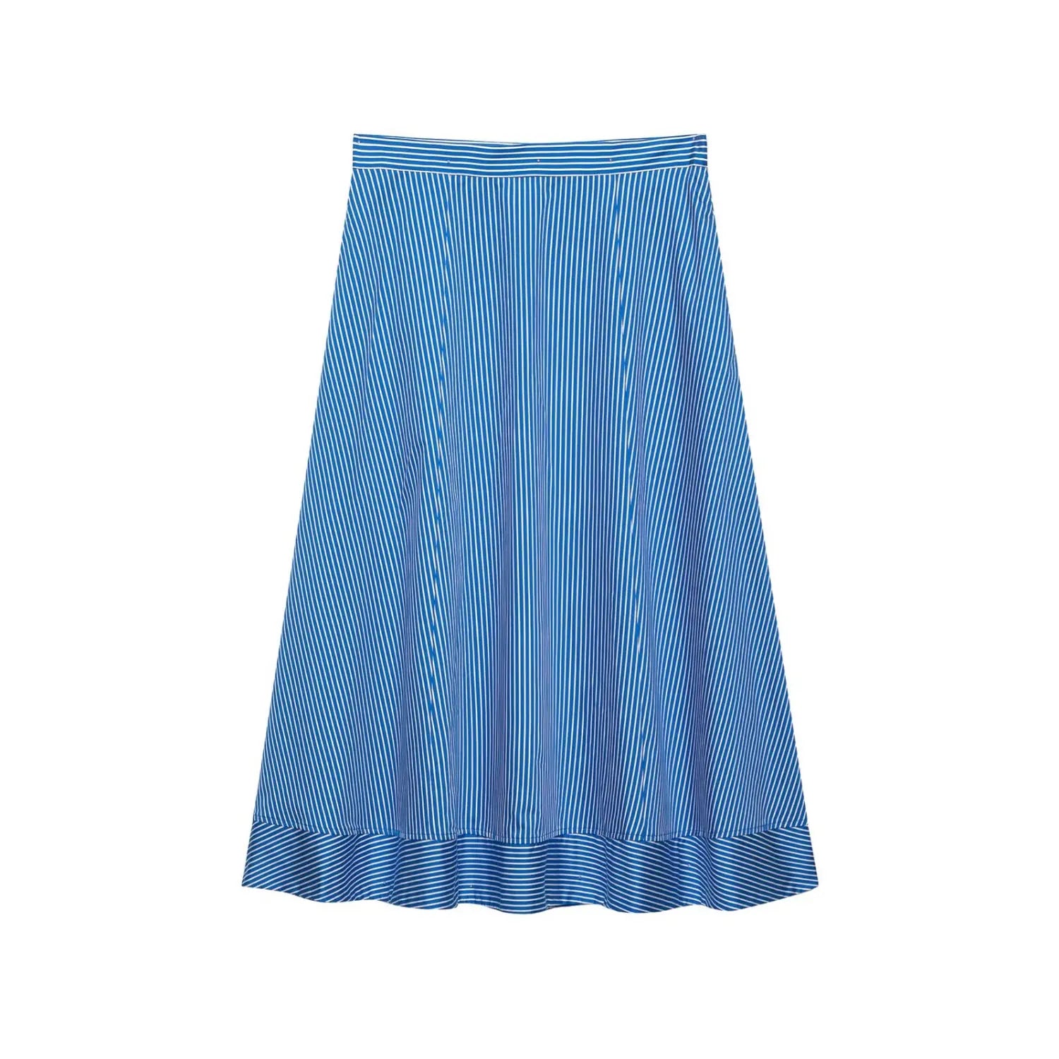 Studio white background full front shot of blue white vertical stripe A-line midi skirt, high waist band, bottom ruffle hem, lightweight woven fabric