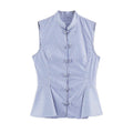 Front flat product shot chinese style sleeveless blouse, stand collar, self fabric frog buttons, fitted peplum waist