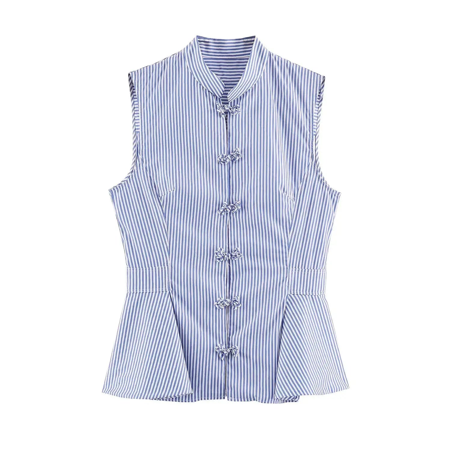 Front flat product shot chinese style sleeveless blouse, stand collar, self fabric frog buttons, fitted peplum waist