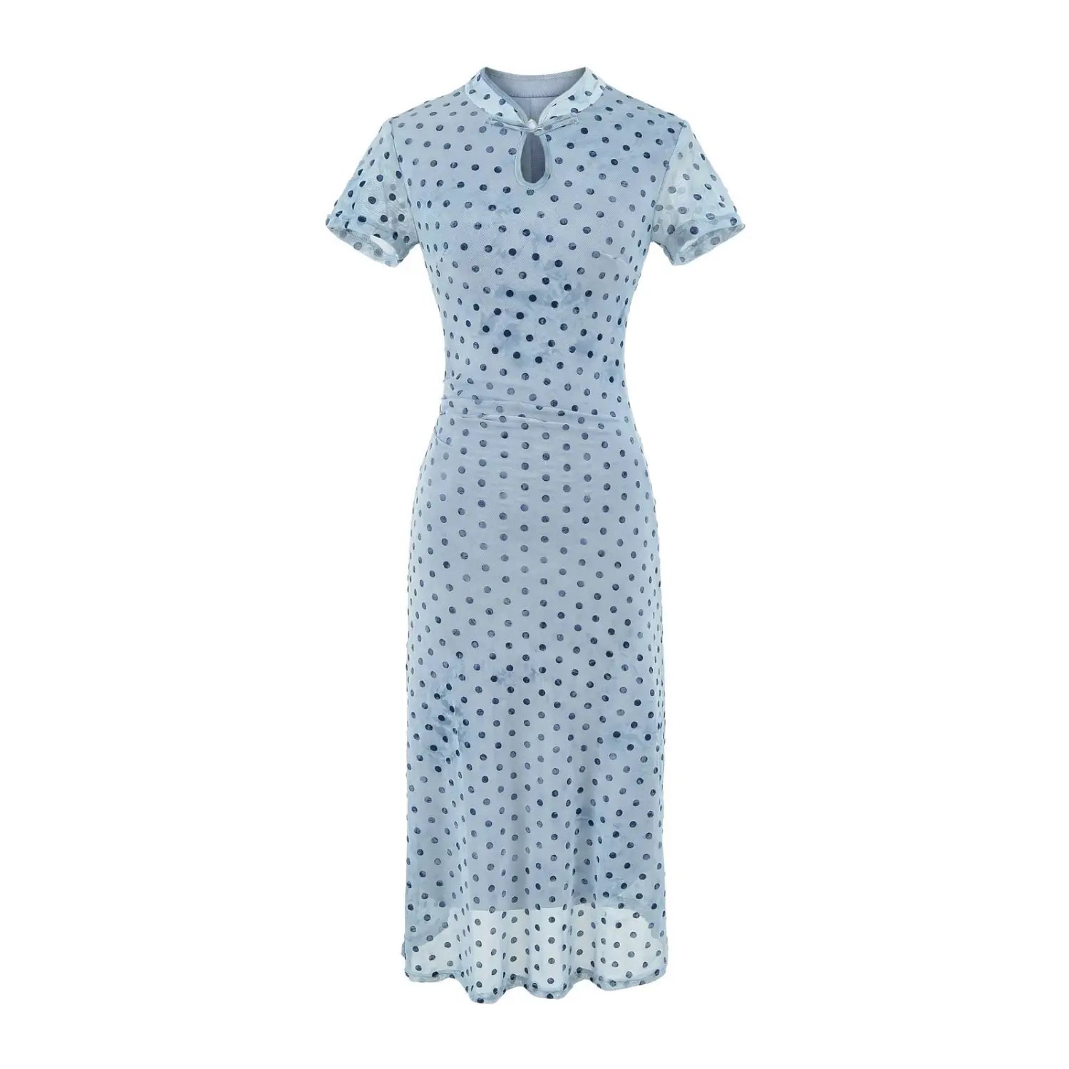 Front full view of blue polka dot cheongsam‑style maxi dress with short sleeves