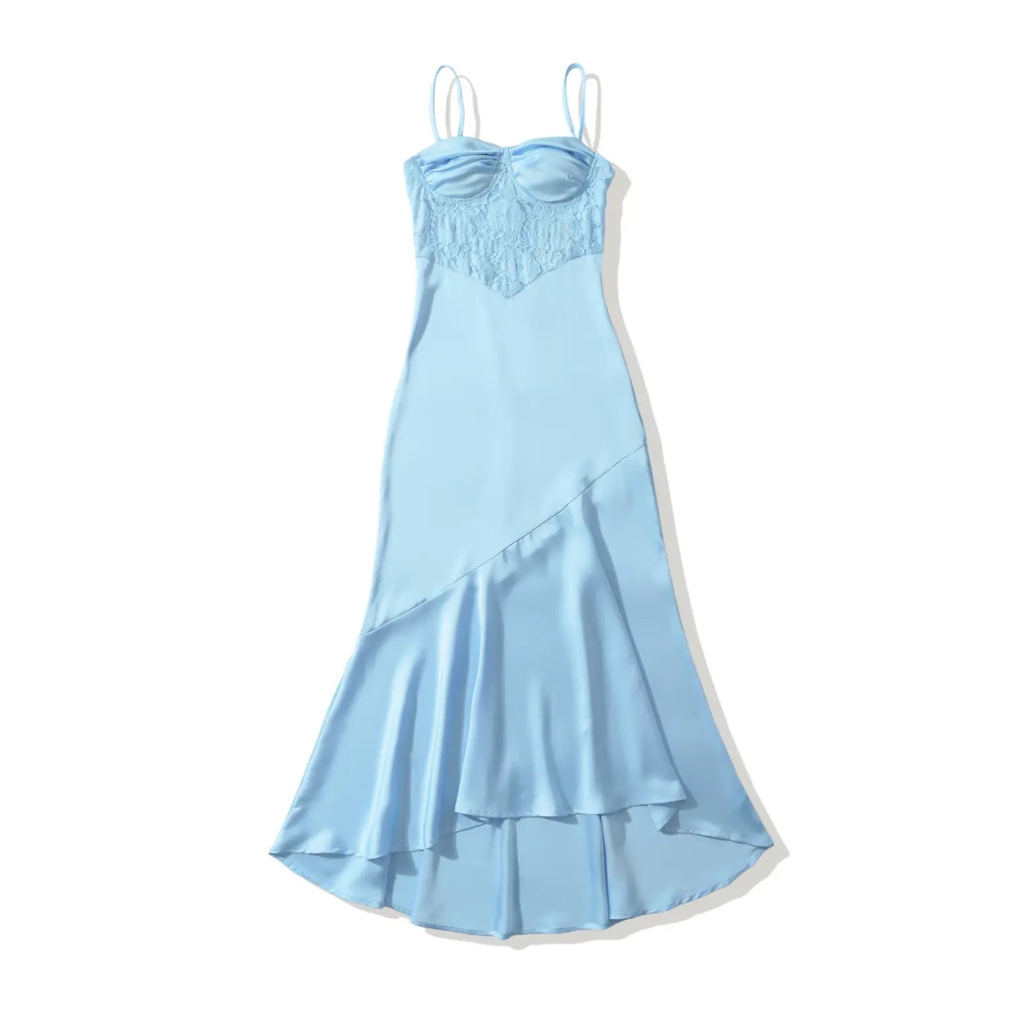 Angled full view of blue satin lace camisole maxi dress