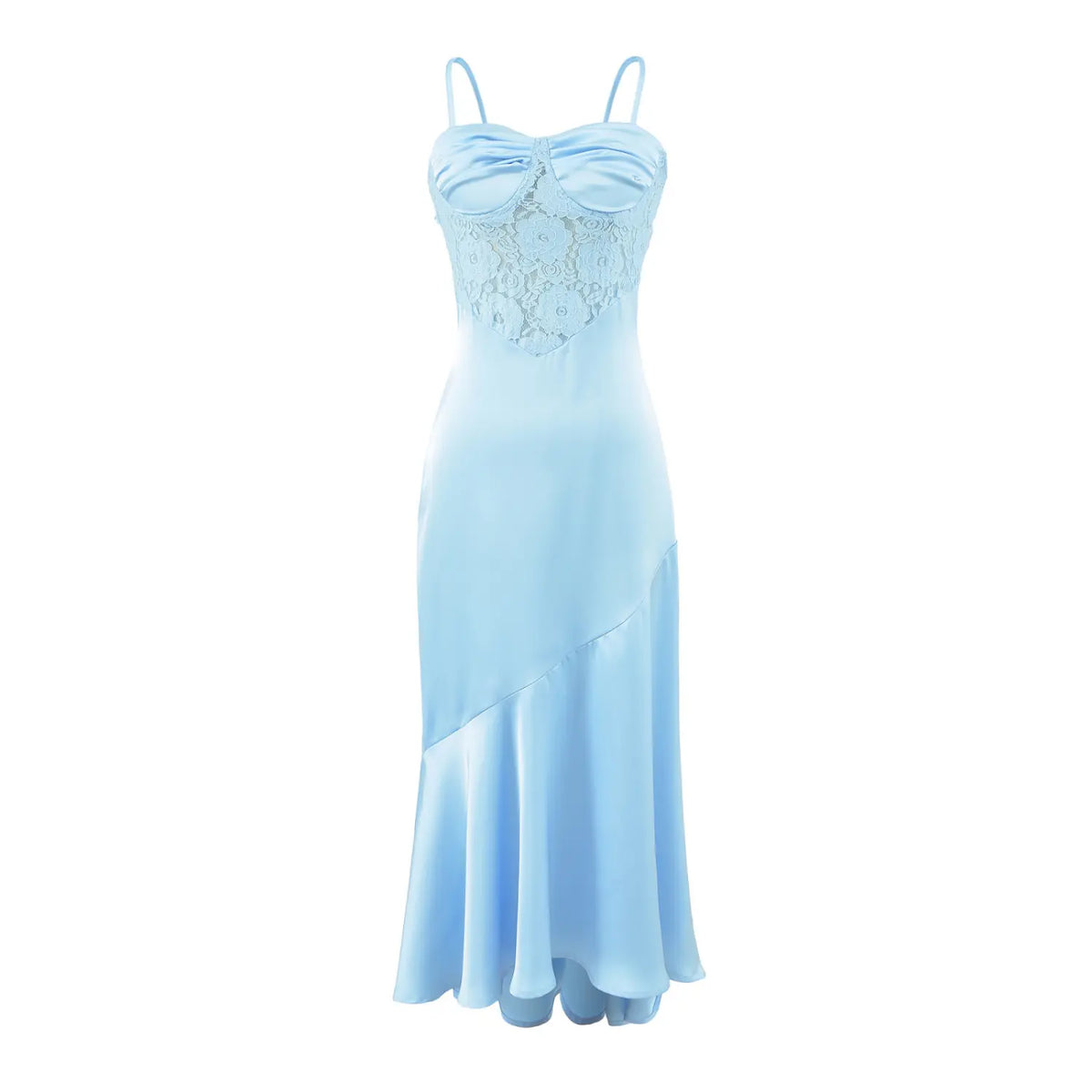 Front full view of blue satin lace camisole maxi dress with asymmetrical ruffle hem