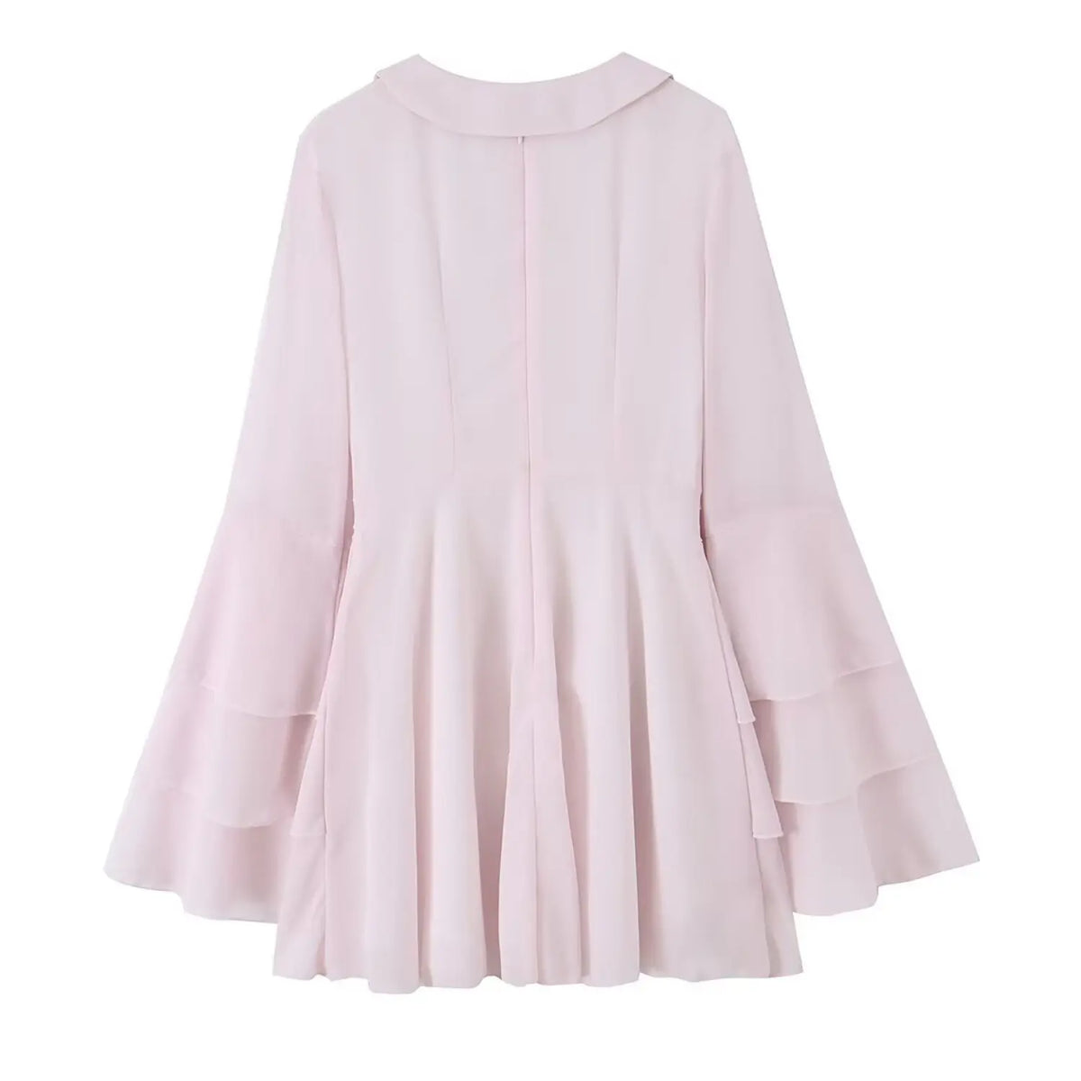 Blush collared tiered ruffle bell sleeve mini dress, back flat lay