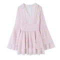 Blush collared tiered ruffle bell sleeve mini dress, front flat lay