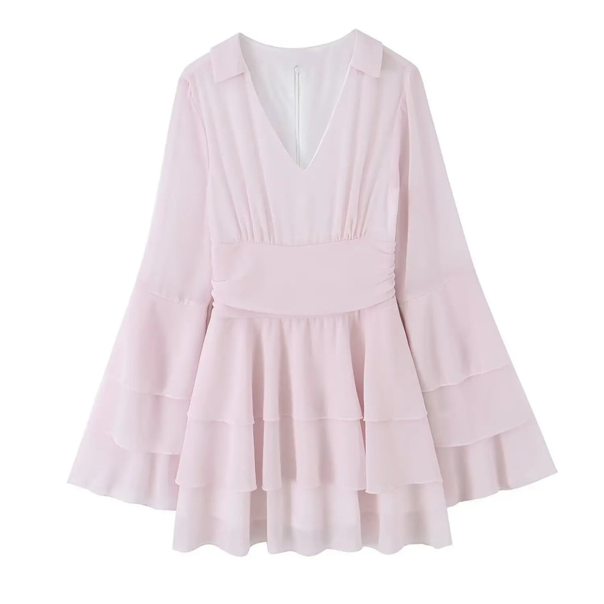 Blush collared tiered ruffle bell sleeve mini dress, front flat lay