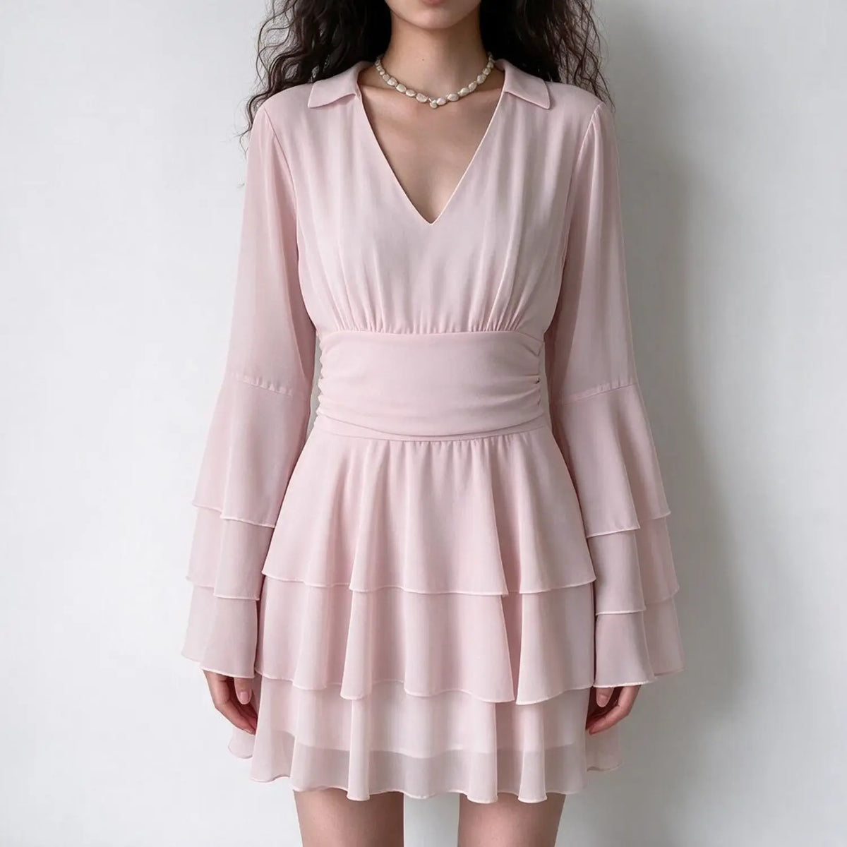 Model wearing blush collared tiered ruffle bell sleeve mini dress, front view