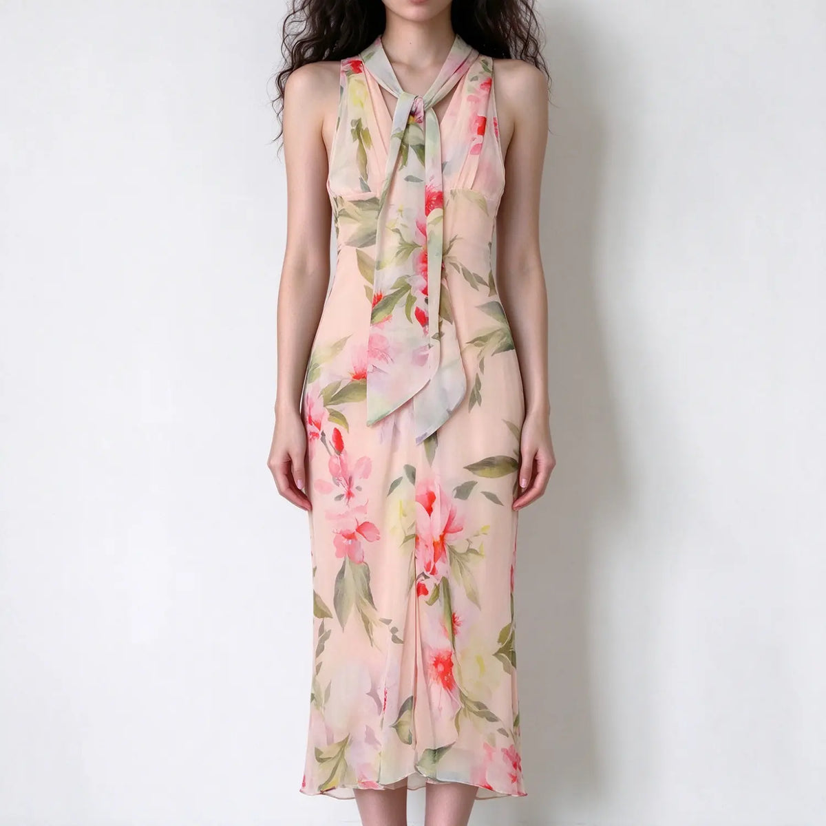 Model wearing blush floral halter maxi dress, tie neck detail, sleeveless chiffon maxi dress with large watercolor flower print, plain white background