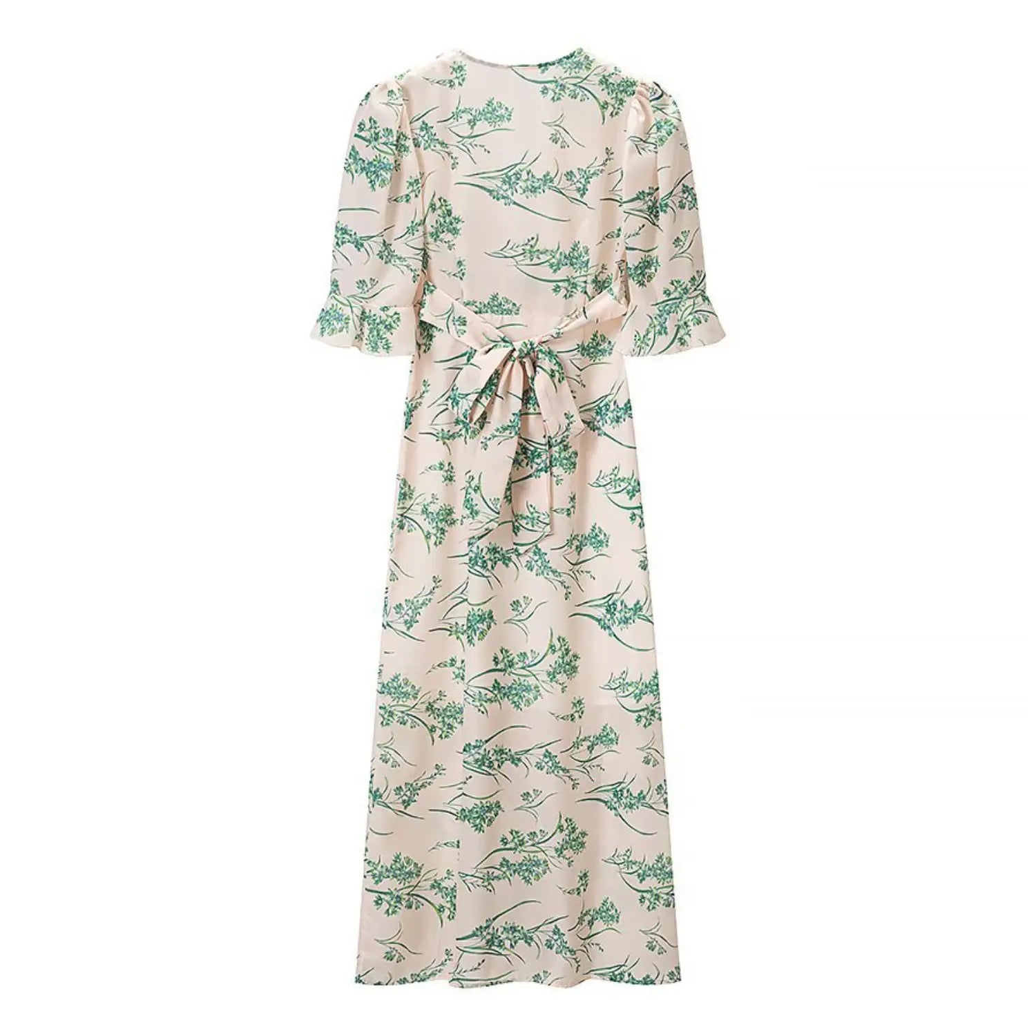 Flat lay back view blush green floral midi dress back self‑tie waist bow detail full green botanical print