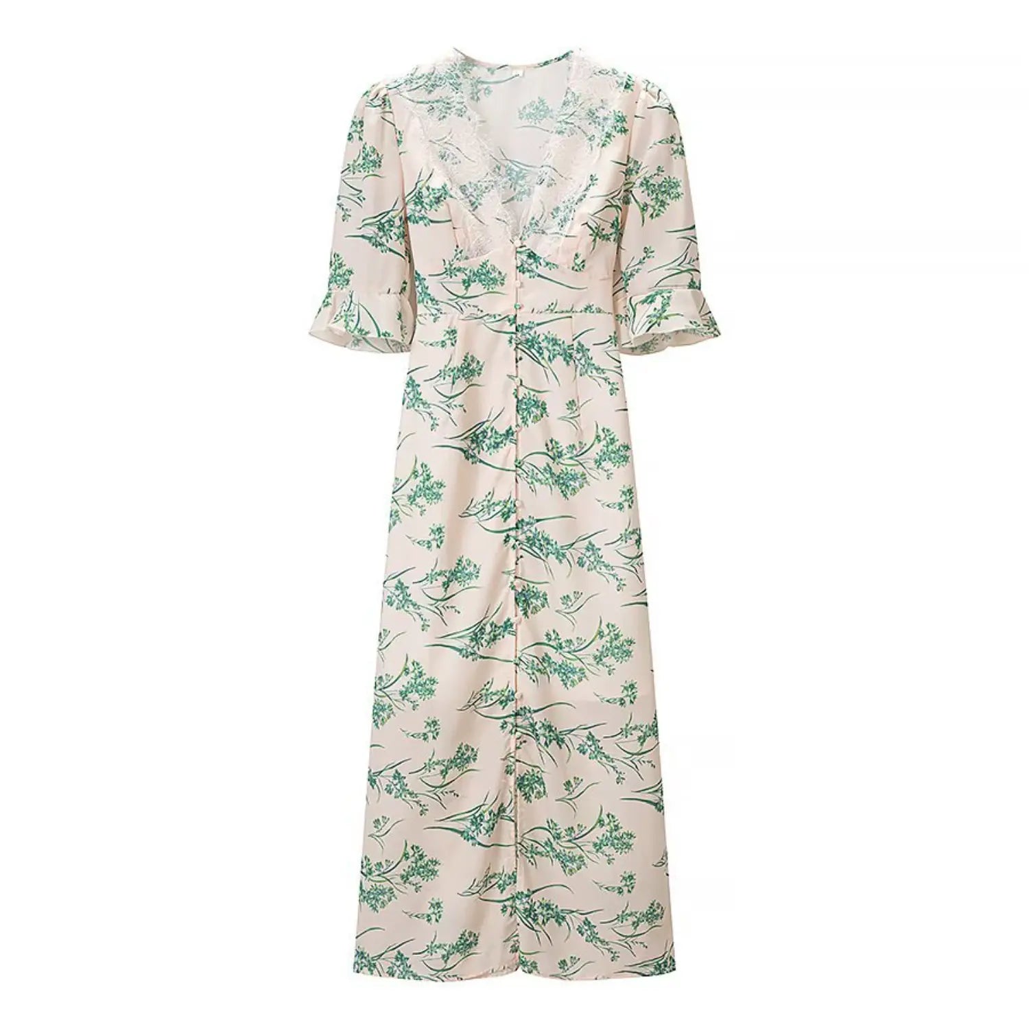 Flat lay front view blush green floral midi dress white lace v‑neck puff short ruffle sleeve front button placket
