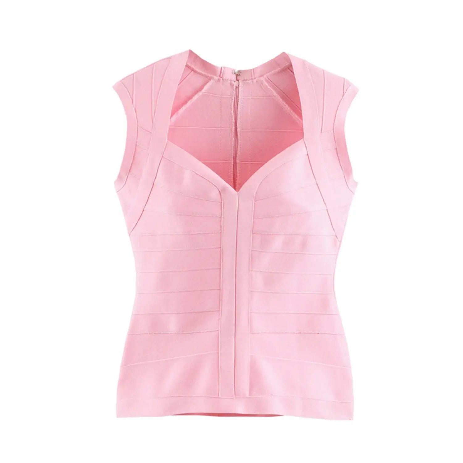 Full front flat lay blush pink knit top, sweetheart heart V neck, sleeveless cap armholes, horizontal bandage panel stitching, vertical center shaping seam, back hidden zipper, stretch bandage fabric
