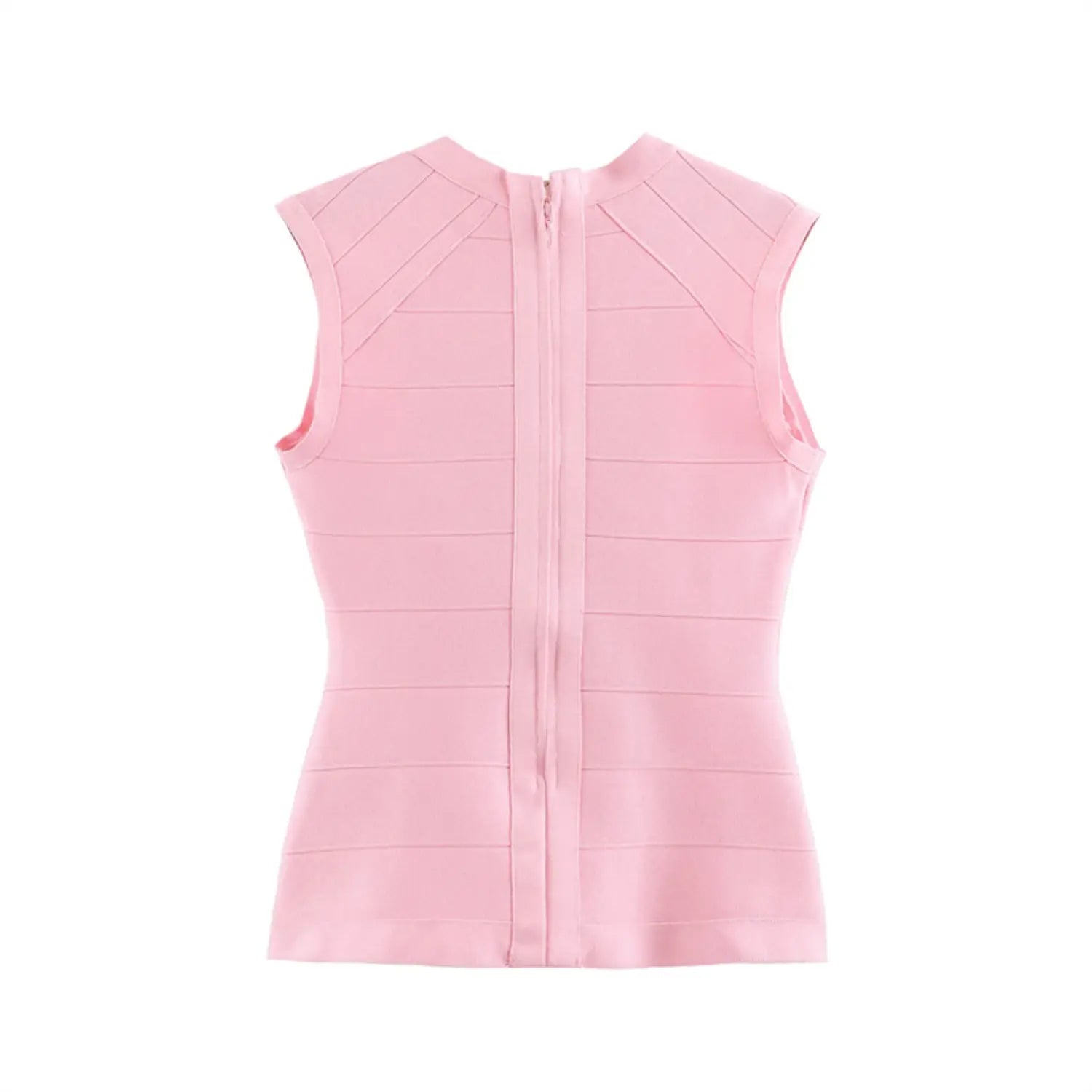 Complete back flat view, round back collar, full vertical center invisible zipper, diagonal shoulder bandage panels, uniform horizontal segmented stitching