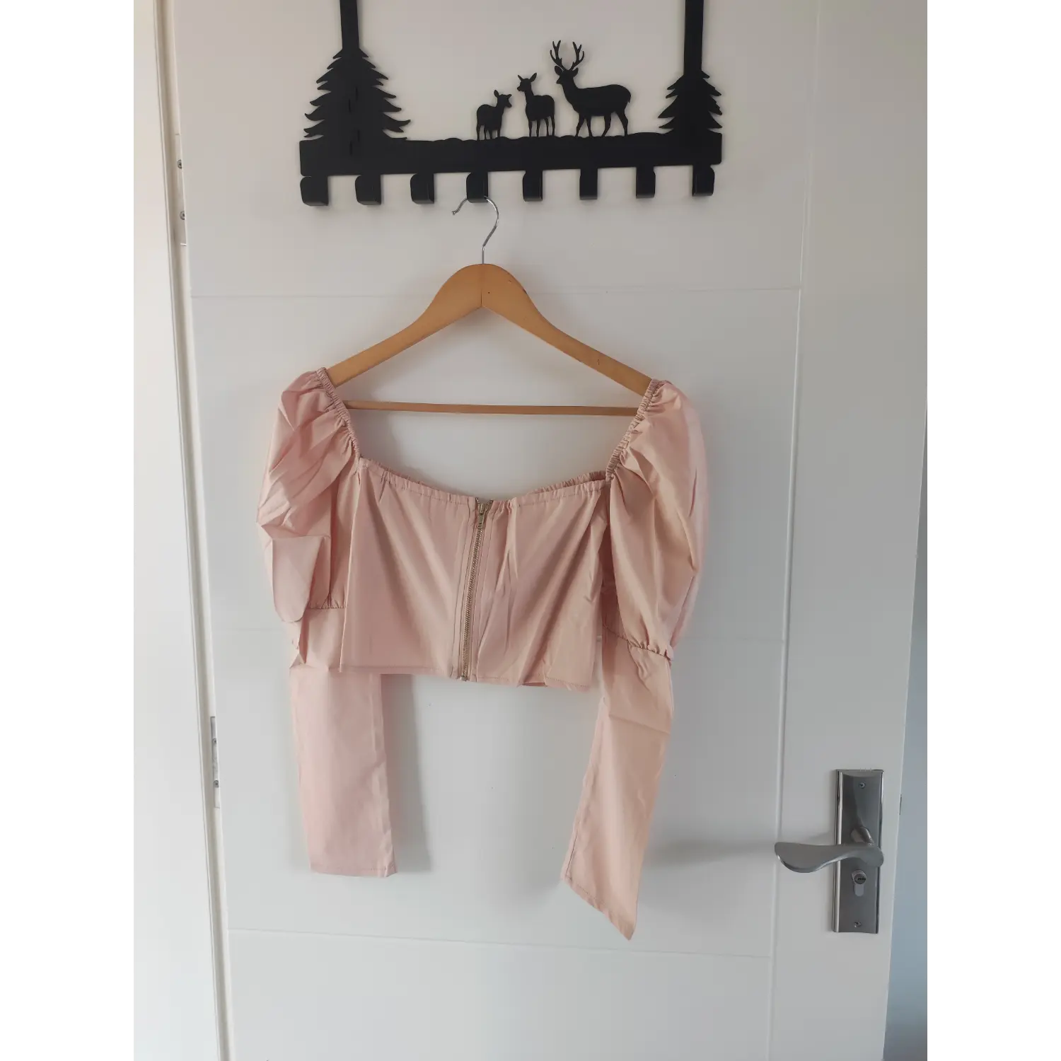 hanger-back-view | Back hanging view blush pink puff sleeve cropped blouse, visible back zipper