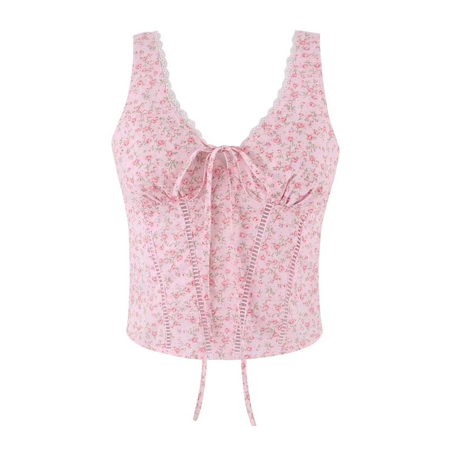 Front flat lay product shot blush pink ditsy floral corset cami top, v neck front tie, vertical ladder cutout seams, lace trim sleeveless tank