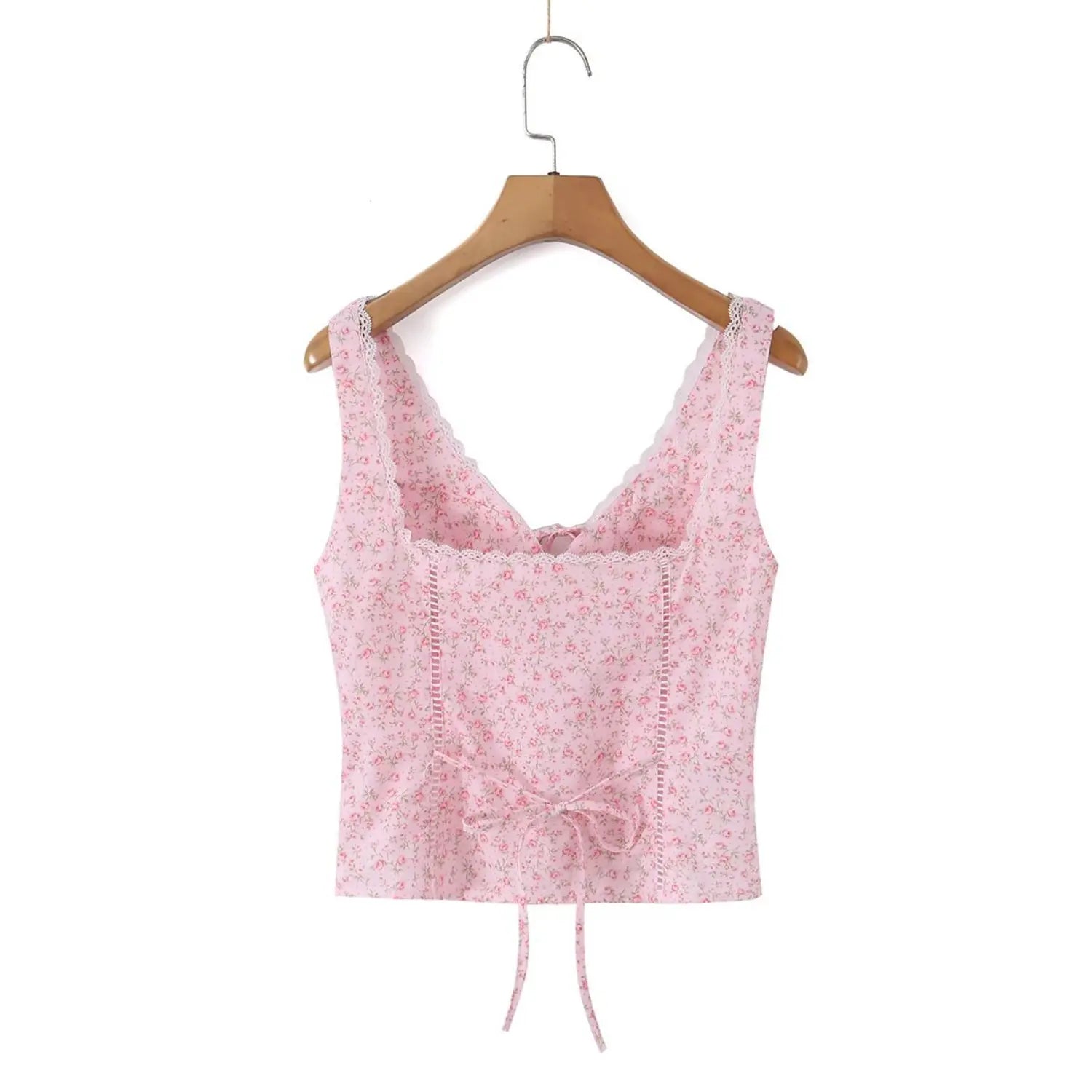 Back hanger photo blush pink floral corset camisole, square back, rear self tie ribbon, white scalloped lace neck trim
