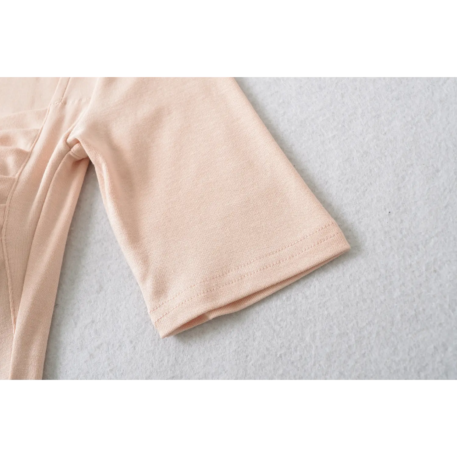 Blush pink midi sleeve cuff double stitching detail, soft stretch knit fabric casual fitted t shirt
