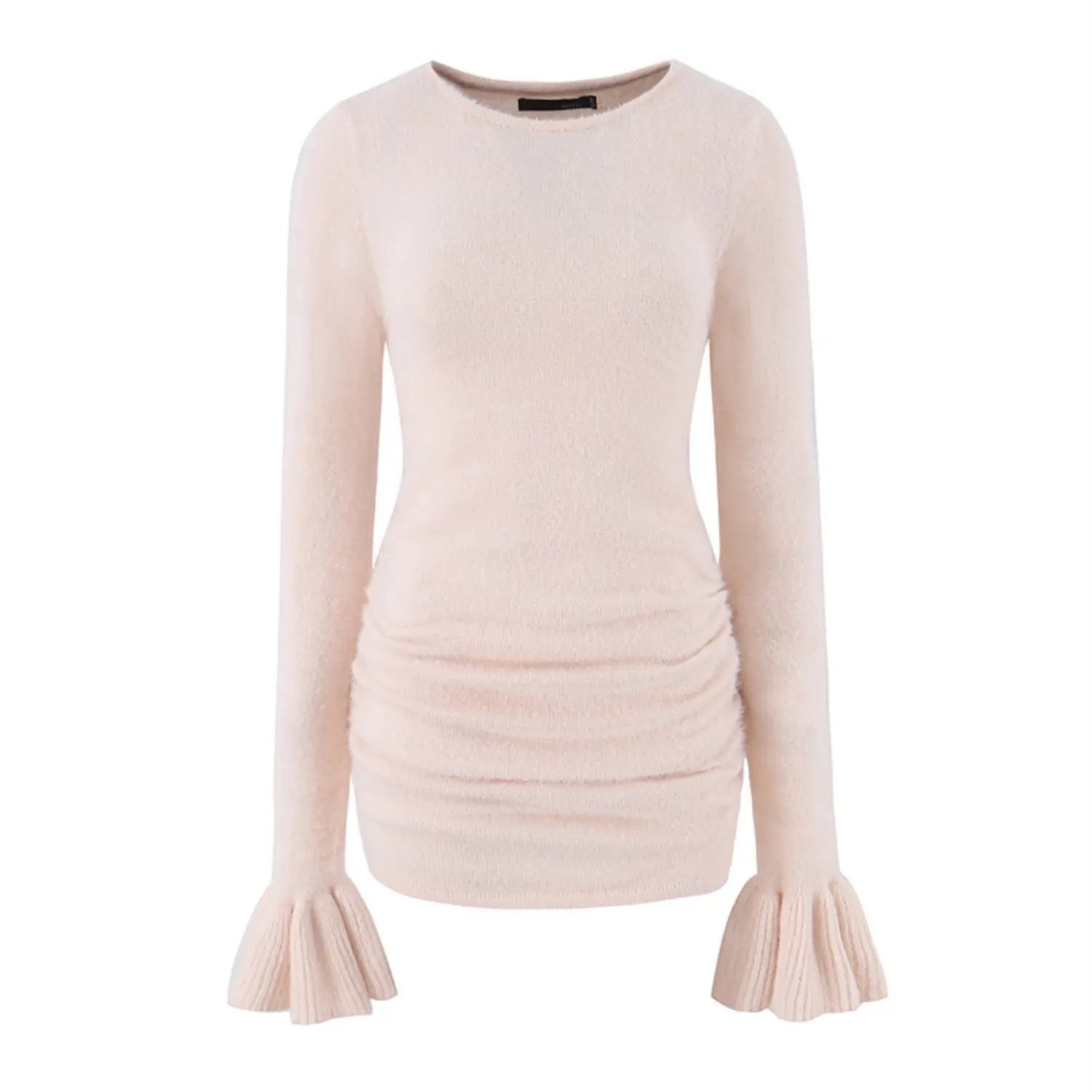 Blush pink fuzzy soft mink knit fitted top, crew neck ruched waist bell flared cuff long sleeve bodycon shirt front shot