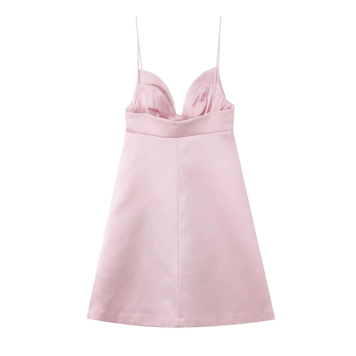  Full back view of a blush pink satin mini dress, showing the fitted bodice, center seam, and A-line skirt.