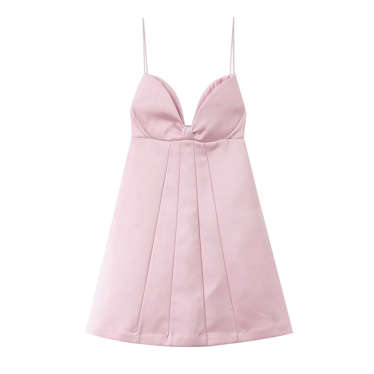  Full flat front view of a blush pink satin mini dress, displaying the structured bust, central knot, and pleated A-line skirt.