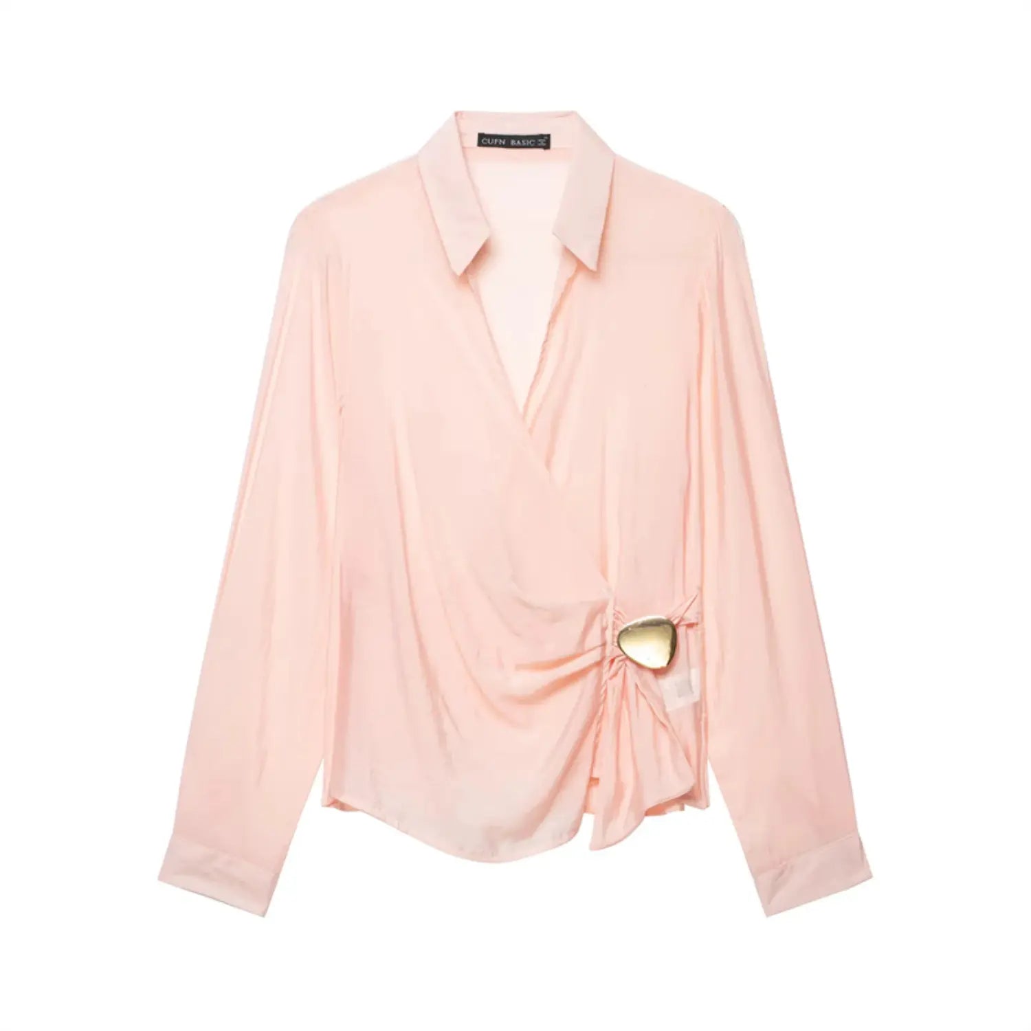 Full front flat lay product shot, pointed lapel collar, wrap cross V-neck long sleeve blouse, side waist gathering with metal buckle, curved uneven hem