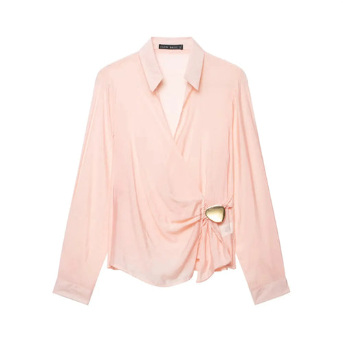 Full front flat lay product shot, pointed lapel collar, wrap cross V-neck long sleeve blouse, side waist gathering with metal buckle, curved uneven hem