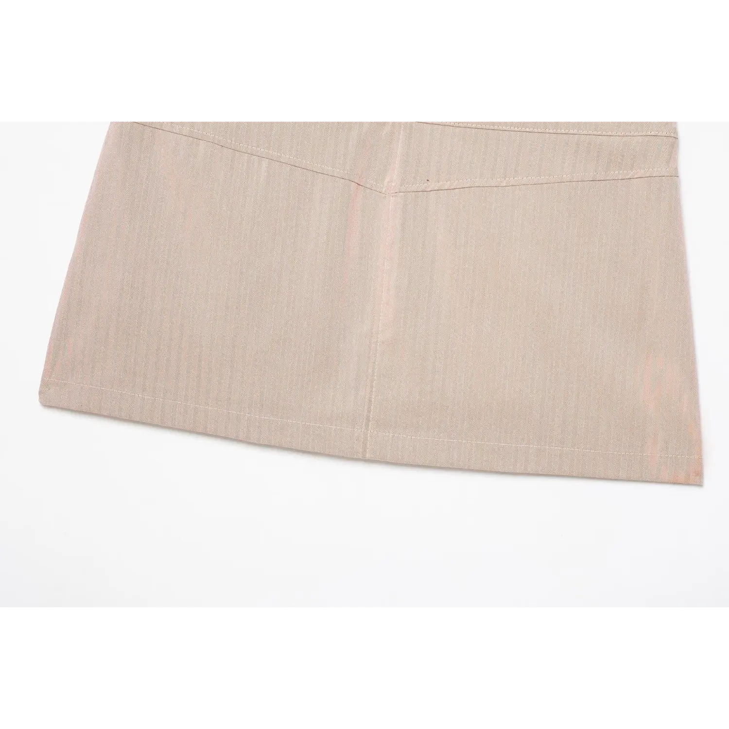 Partial back view hem stitching and vertical stripe fabric texture blush pink mini skirt