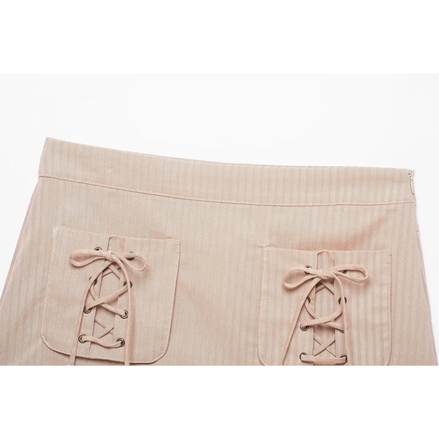 Close‑up waistband and dual lace‑up tie pocket detail blush pink striped mini skirt