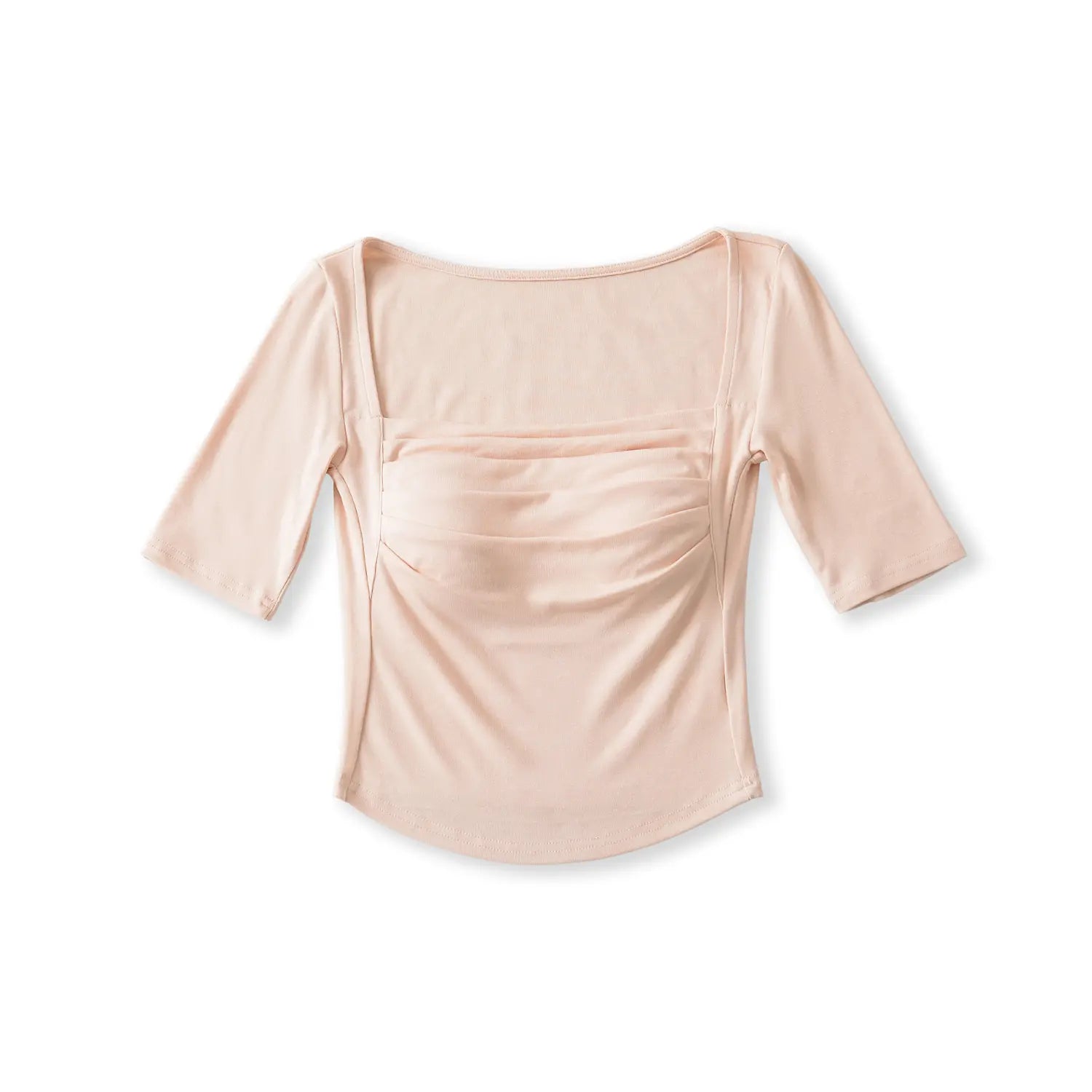 Blush pink square neck crop top flat front view, ruched bust midi sleeve curved hem stretch women everyday top with padded cups