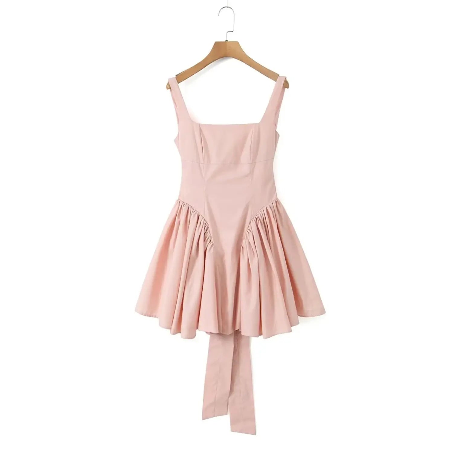 Hanging full front view blush pink mini dress, square neck sleeveless wide straps, fitted bodice, gathered flared skater skirt with long back tie sash