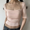 Blush pink square neck slim fit crop top, front ruched bust midi short sleeve stretch soft fabric women casual everyday tee