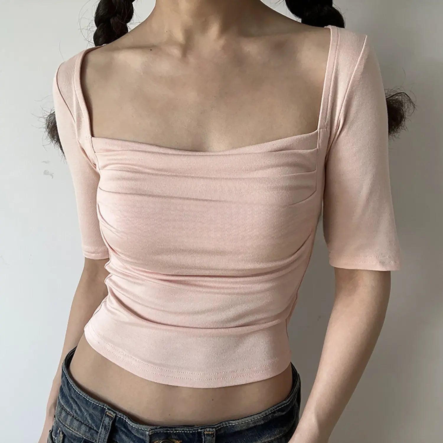 Blush pink square neck slim fit crop top, front ruched bust midi short sleeve stretch soft fabric women casual everyday tee