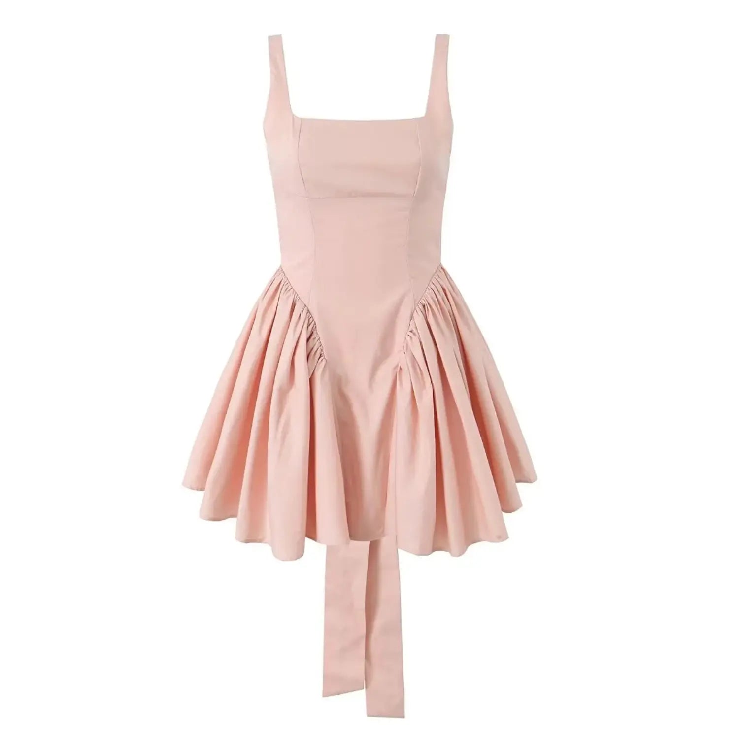 Product shot blush pink square neck skater mini dress, fitted bodice, gathered flare skirt, long hanging back tie sash, isolated white background