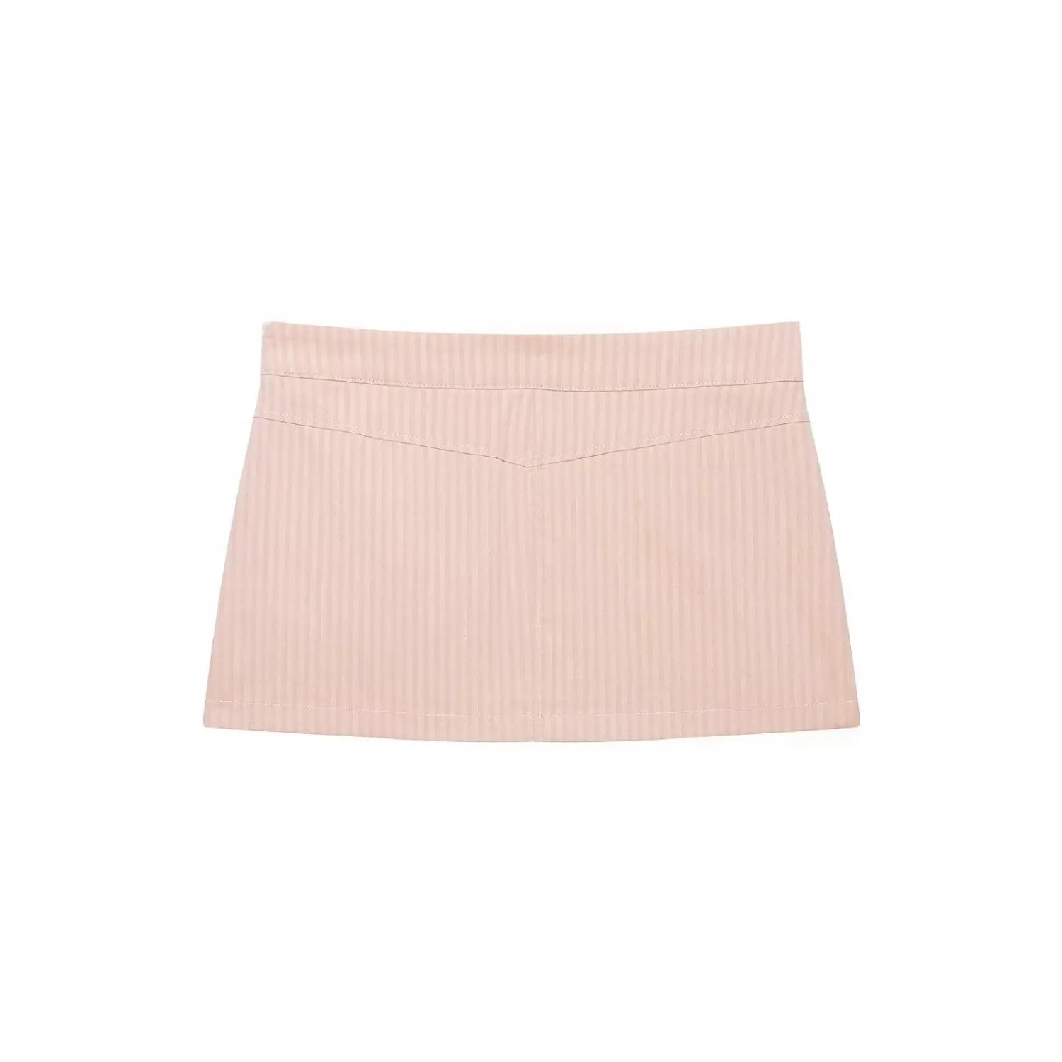 Flat lay back view blush pink vertical stripe mini skirt with back yoke stitching