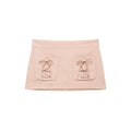 Flat lay front view blush pink vertical stripe mini skirt with lace‑up tie pocket detail