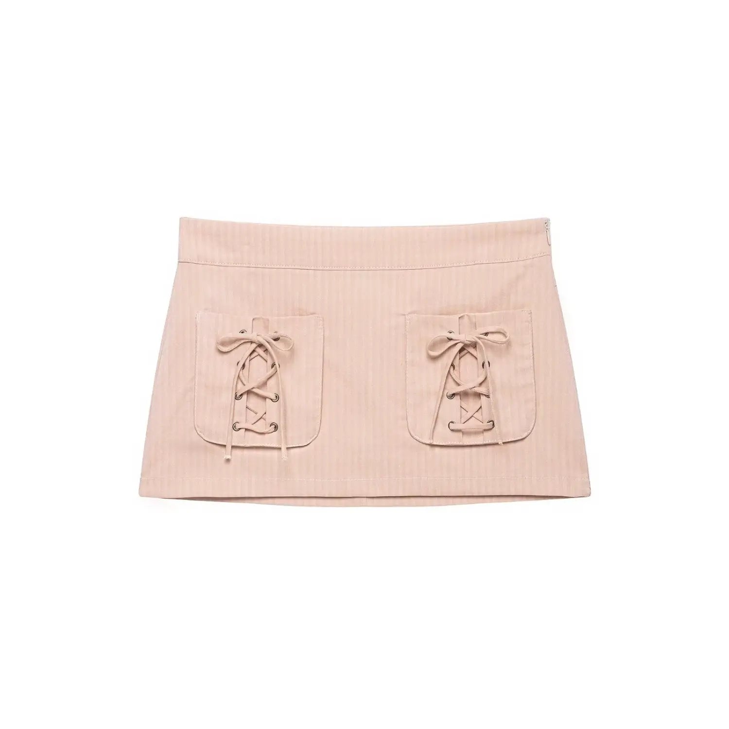 Flat lay front view blush pink vertical stripe mini skirt with lace‑up tie pocket detail
