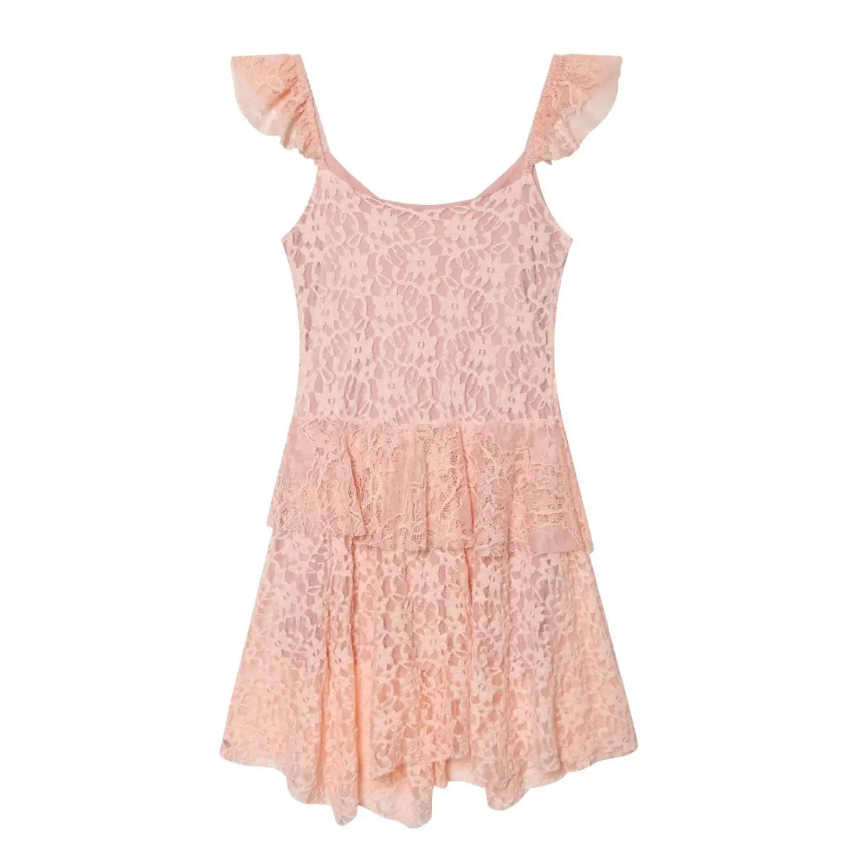 Back view of the blush pink tiered lace dress, showing the scoop neckline, ruffled straps, and tiered skirt