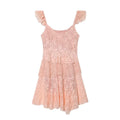 Full view of the blush pink tiered lace dress, featuring ruffled straps, V-neckline, and layered lace skirt