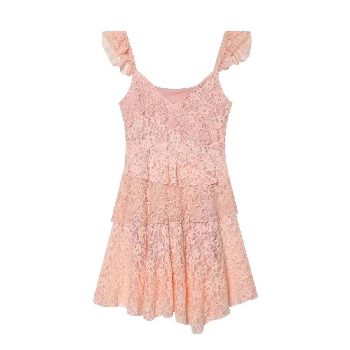 Full view of the blush pink tiered lace dress, featuring ruffled straps, V-neckline, and layered lace skirt