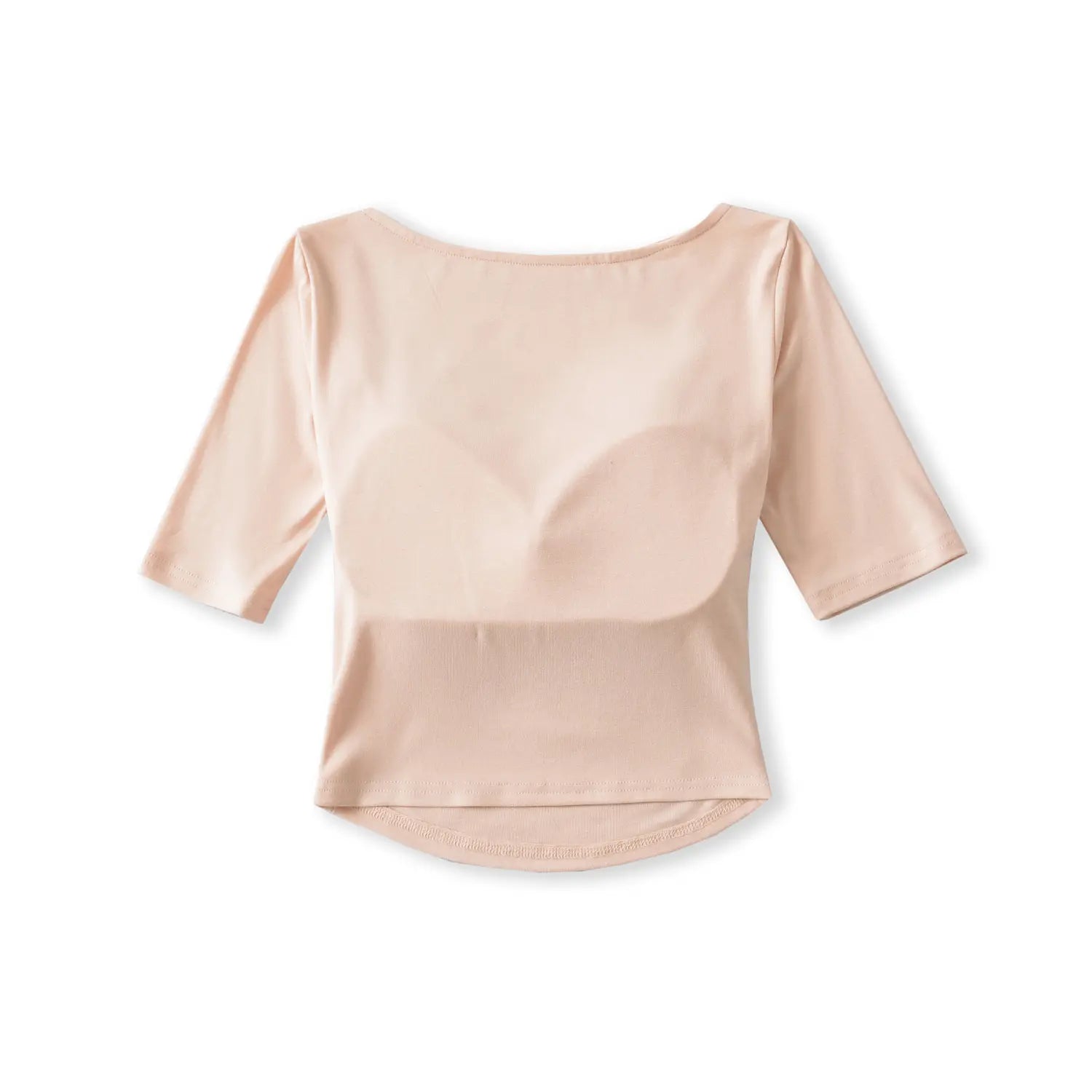 Blush pink crop top flat back view, low wide back square neck hidden built-in padded bra curved bottom hem