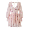 Blush pink rose floral chiffon mini dress, deep V neck, gathered bust, long balloon sleeves, tiered ruffle skirt, back tie detail