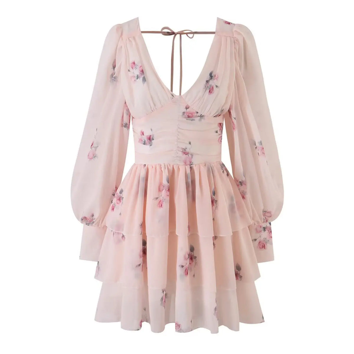 Blush pink rose floral chiffon mini dress, deep V neck, gathered bust, long balloon sleeves, tiered ruffle skirt, back tie detail