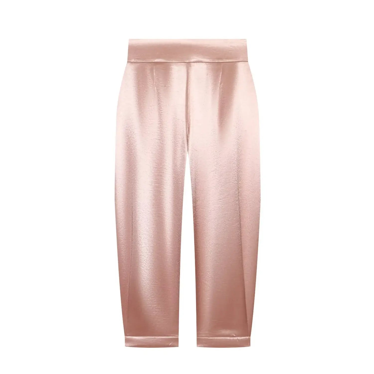 Flat lay back view blush pink satin high‑waist tapered cropped trousers