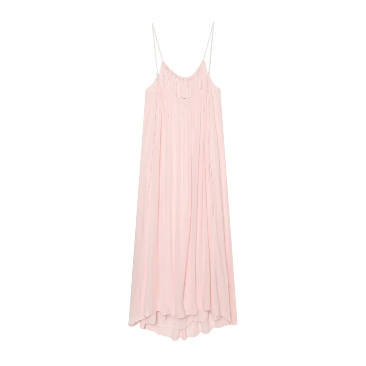 Full flat back view of blush pink flowy spaghetti strap maxi dress
